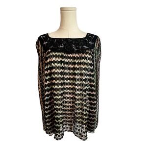 Free People New Romantics Beaded Crochet Zig Zag Tunic Top Black Metallic Small
